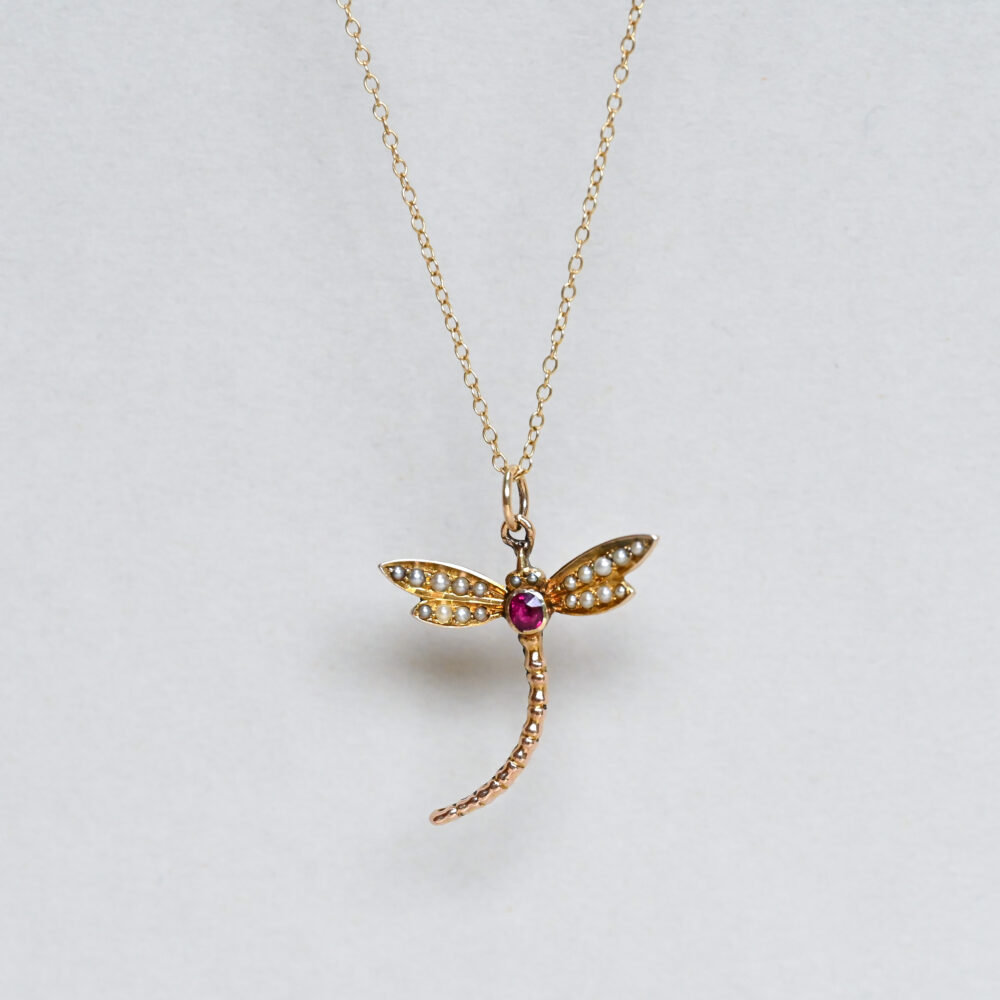 Antique Edwardian 15ct gold ruby and pearl dragonfly charm pendant