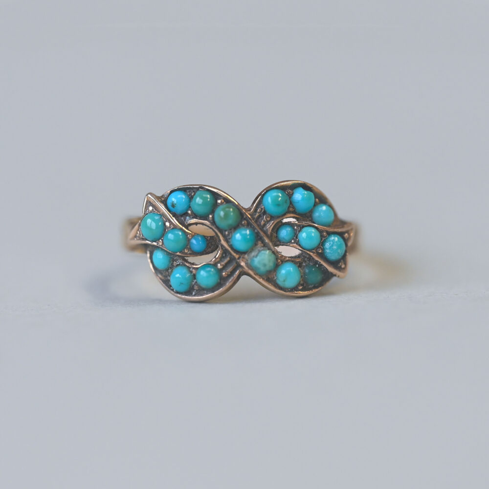 Antique Victorian 15ct gold turquoise bow ring, c.1870s