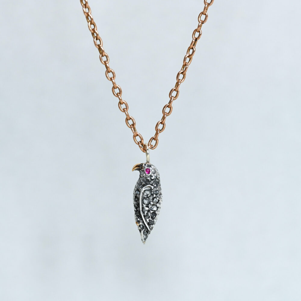 Antique Victorian rose cut diamond bird pendant and 9ct gold chain necklace