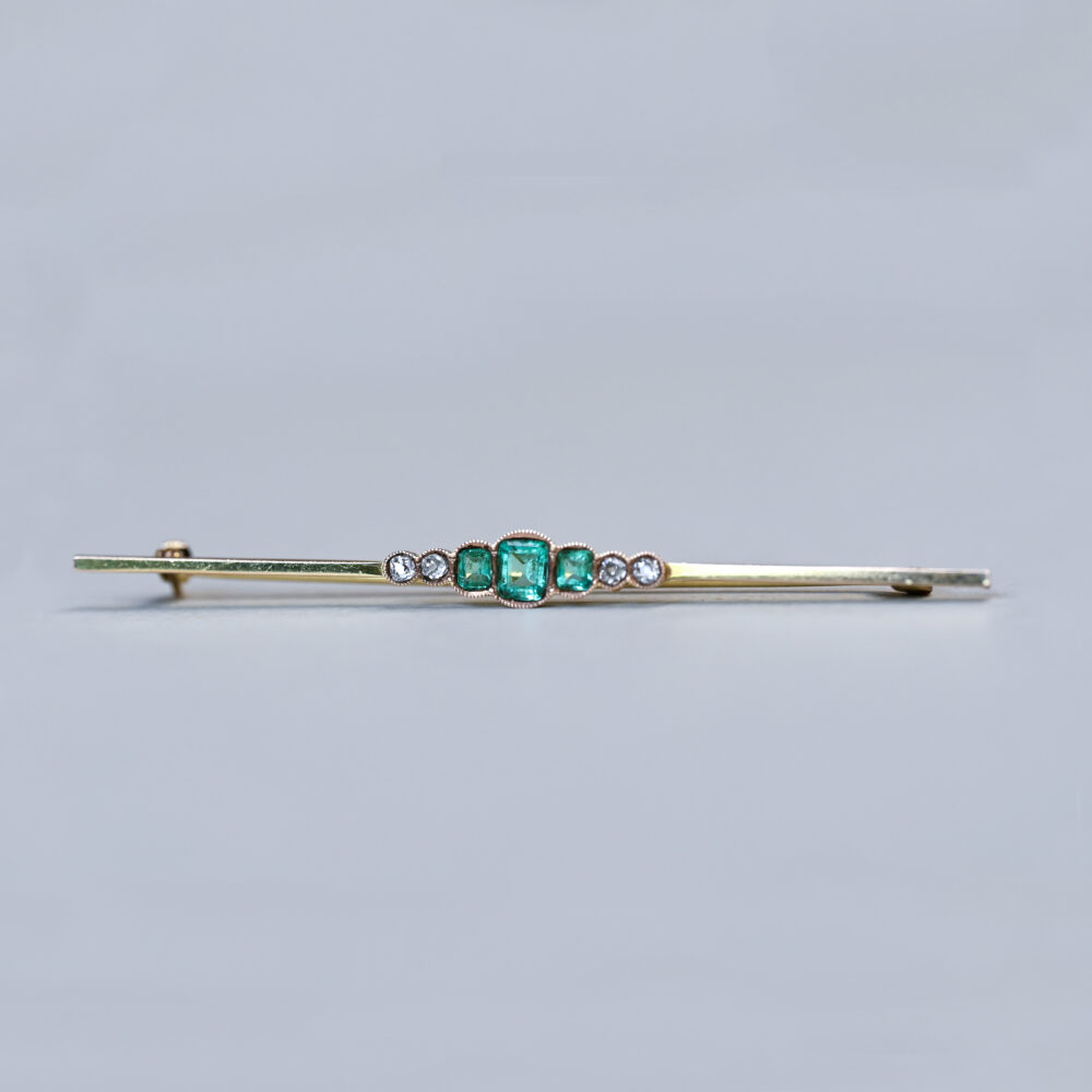 Emerald and diamond bar brooch pin