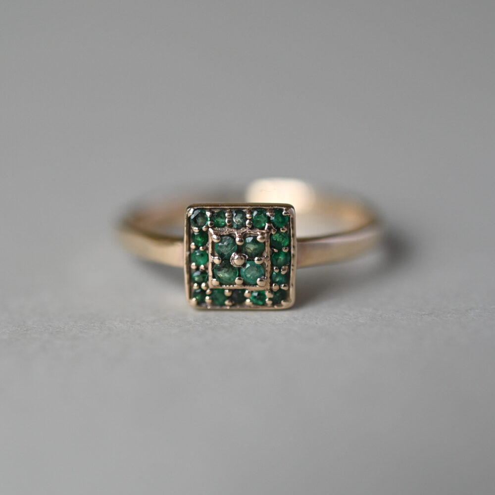 Contemporary 9ct gold emerald square cluster ring