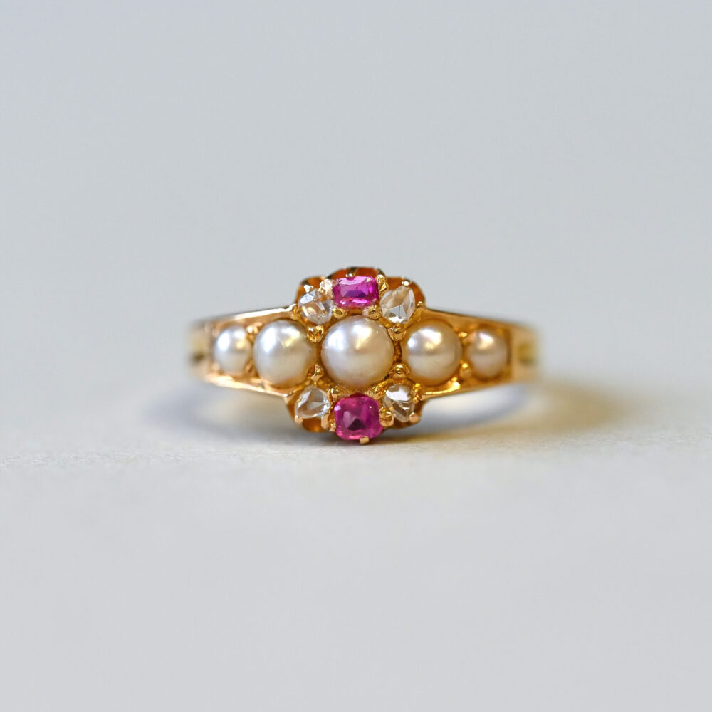 Victorian 18ct gold pearl, diamond and pink sapphire ring, c.1860s