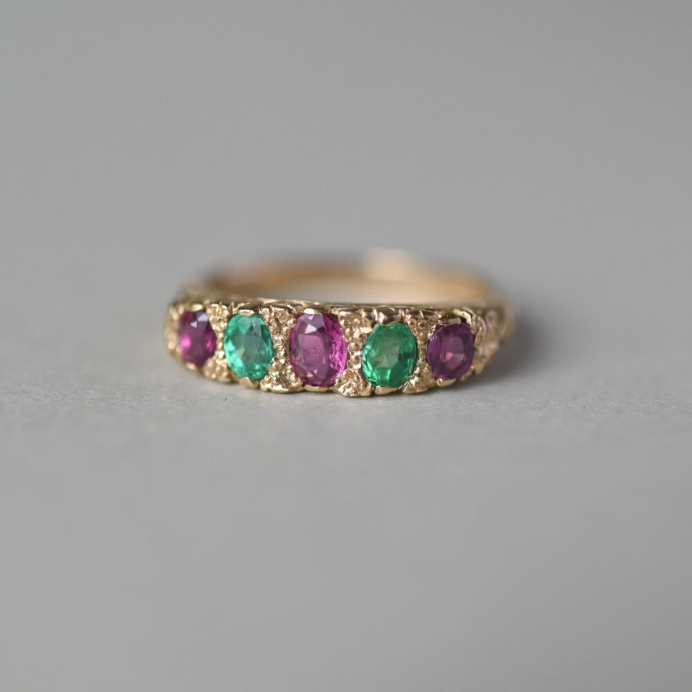 Victorian design 9ct gold red spinel and tsavorite five stone ring, 1991
