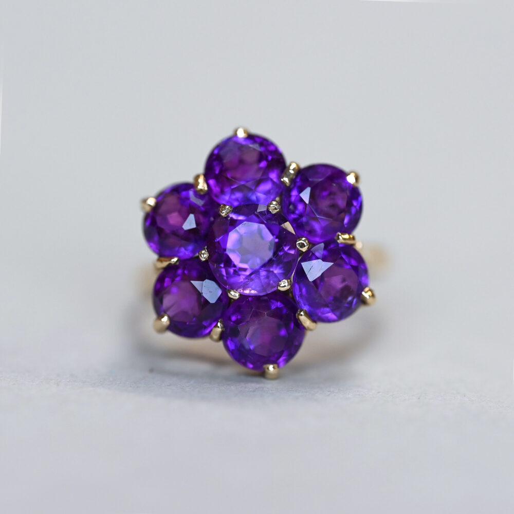 Aesthetic 9ct gold amethyst floral cluster ring