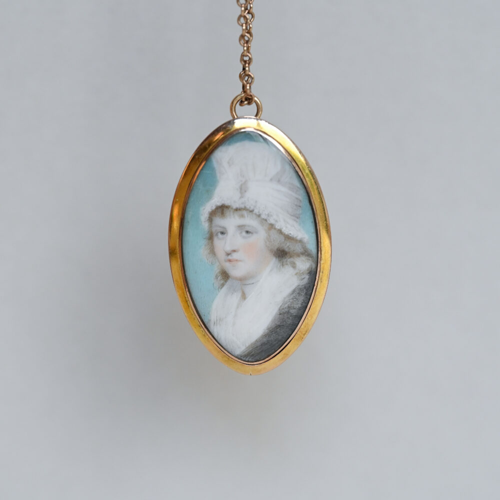 Georgian 9ct gold miniature portrait painting pendant brooch, c.1780s