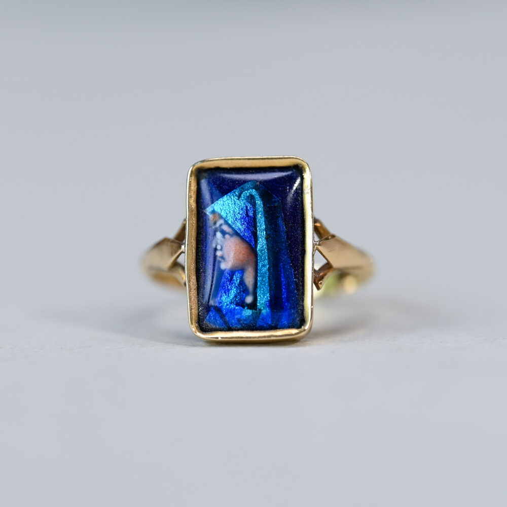 Antique French 18ct gold figural Madonna ring, signed C. Faure, Limoges